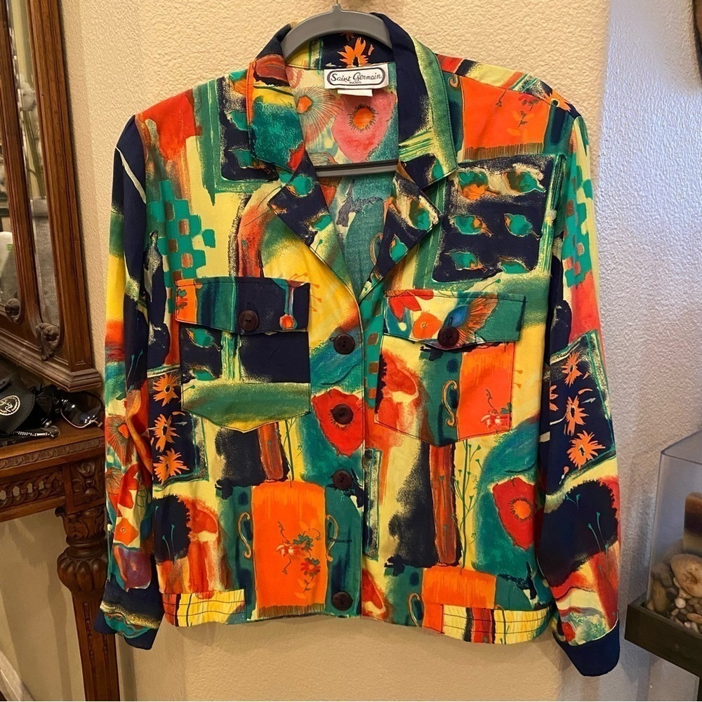 Vintage SAINT GERMAIN Paris Women Colorful Vibrant Patterned Jacket Size XS
